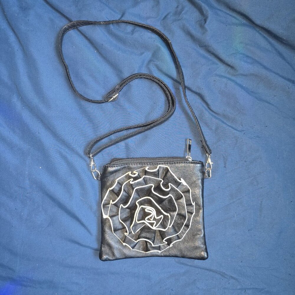 Black Faux Leather Crossbody Bag — Bold White Spiral Floral Design